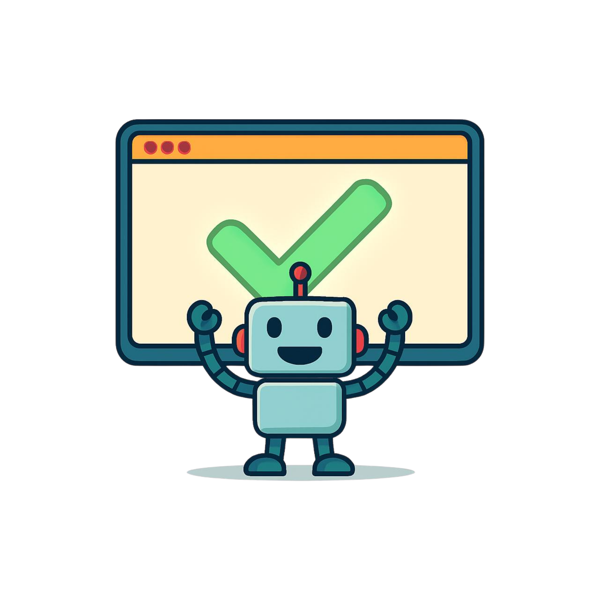 A happy robot cheering in front of a green checkmark