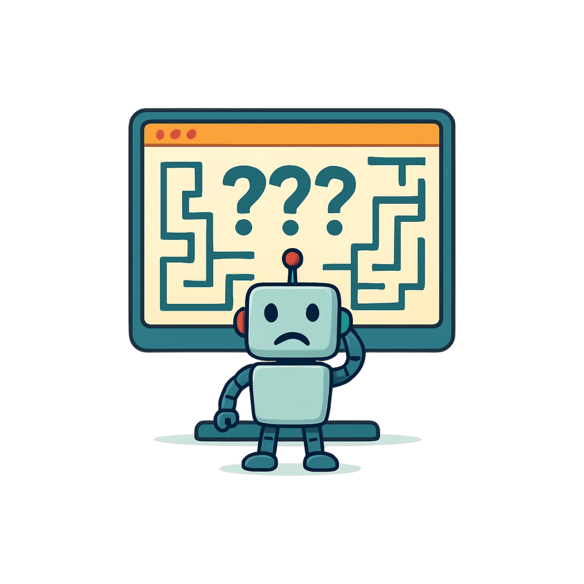 A confused robot standing in front of a maze on a screen