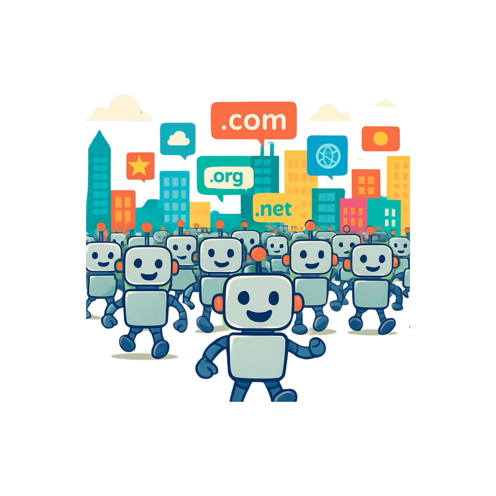 A crowd of friendly robots walking through a city